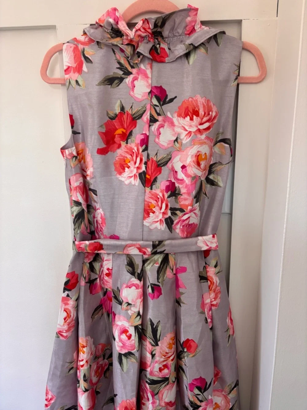 Jessica Howard Gray Floral Ruffle Wrap Midi Dress with Pink Blooms - Picture 6 of 6
